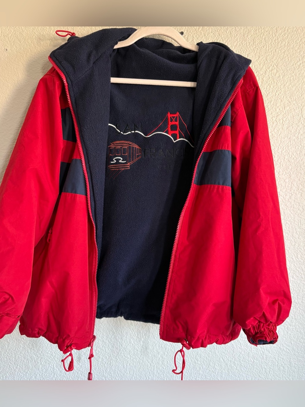 SF‎ City Wear San Francisco CA Reversible Fleece Jacket Hooded Red Navy XS